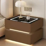 Intelligenter Nachttisch Braun mit Wireless Charging 15W, LED-Beleuchtung & 2 Schubladen – Modernes Glas- und Holzdesign – Bild 2