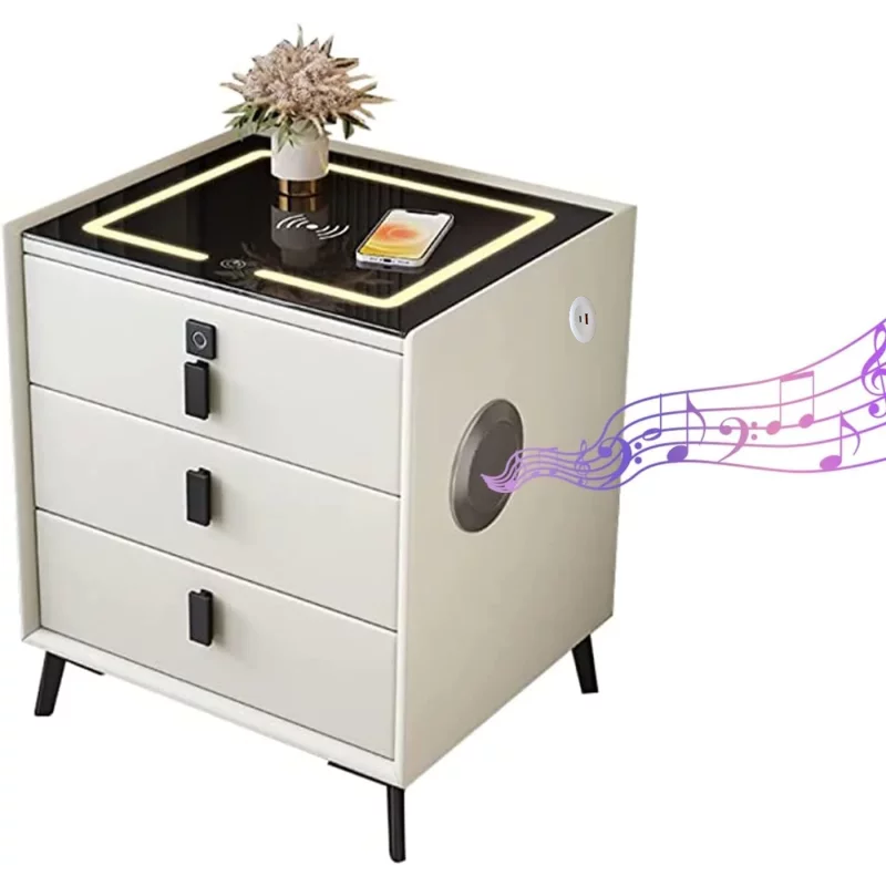 Intelligenter Nachttisch Braun mit Wireless Charging (Qi), LED, Bluetooth & 3 Schubladen – Glas-Holz-Design – Bild 7