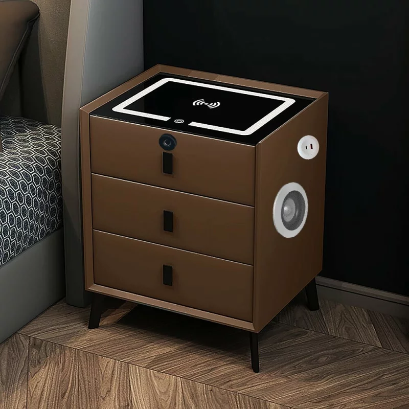 Intelligenter Nachttisch Braun mit Wireless Charging (Qi), LED, Bluetooth & 3 Schubladen – Glas-Holz-Design – Bild 2