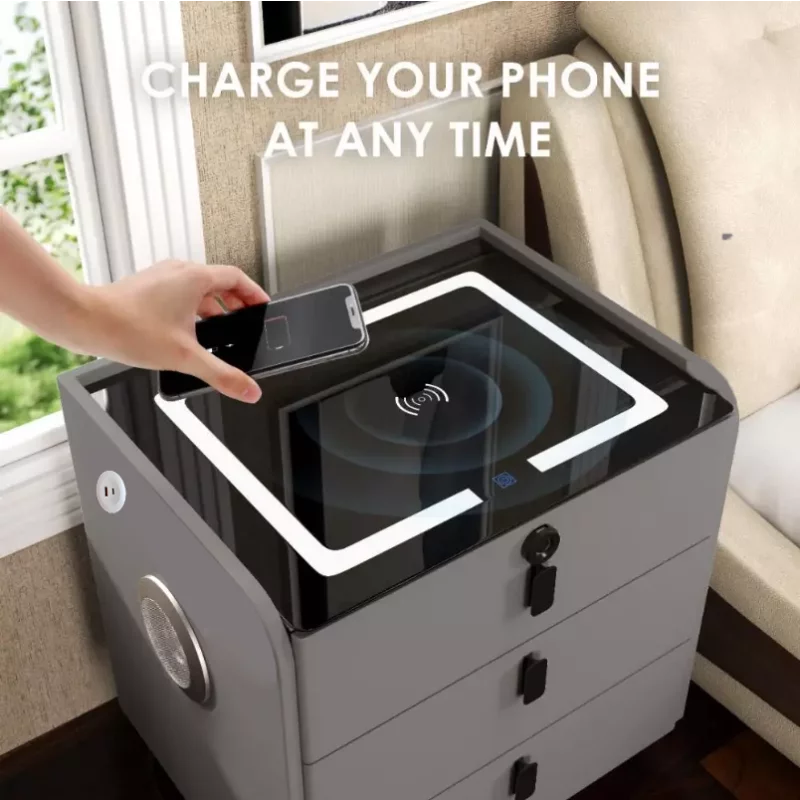 Intelligenter Nachttisch Braun mit Wireless Charging (Qi), LED, Bluetooth & 3 Schubladen – Glas-Holz-Design – Bild 3