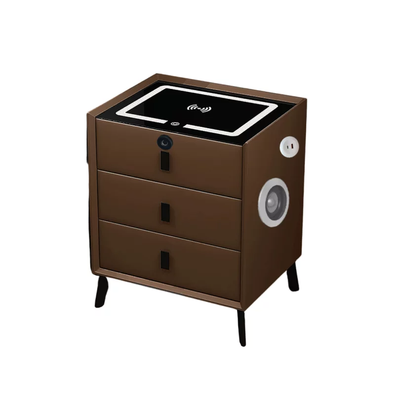 Intelligenter Nachttisch Braun mit Wireless Charging (Qi), LED, Bluetooth & 3 Schubladen – Glas-Holz-Design – Bild 1