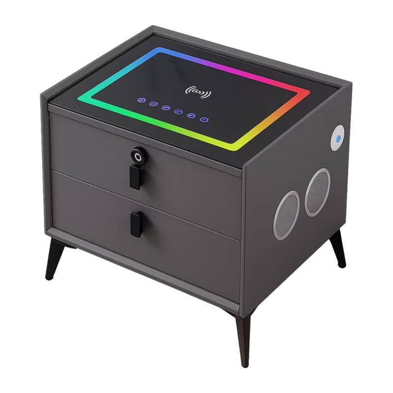 noptiera-inteligenta-cu-incarcare-wireless-si-iluminare-led-culoare-gri-antracit-2-sertare-de-depozitare-difuzor-bluetooth-9908__w800_h800_c.webp Intelligenter Nachttisch Anthrazit mit Wireless Charging, RGB-LED, Fingerabdruck & 20W Bluetooth-Lautsprecher – Bild 1