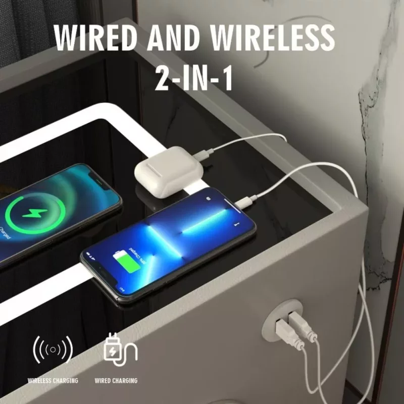 Smarter Slim-Nachttisch Braun mit kabellosem Laden Wireless Charging, LED-Beleuchtung, Bluetooth & Fingerabdruck – Bild 4
